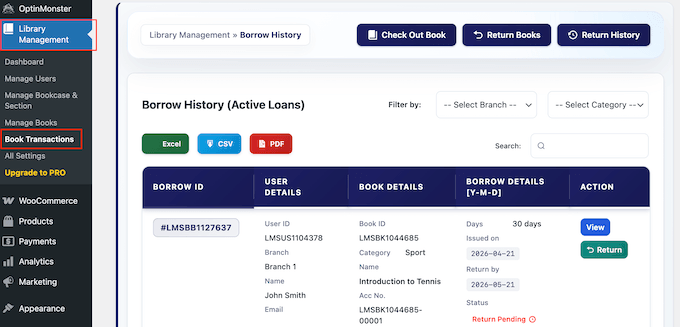 Viewing the borrowing history for your online library 