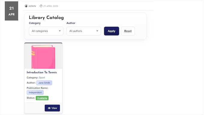 An example of a published book catalog in WordPress