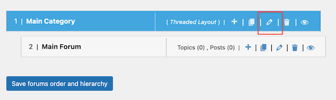 Cum să editezi forumuri pe blogul sau site-ul tău WordPress Făcând clic pe pictograma Editare pe Categoria principală wpForo