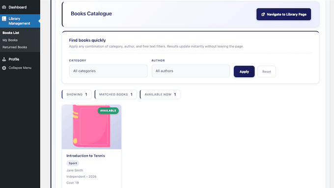The Library User LMS dashboard 