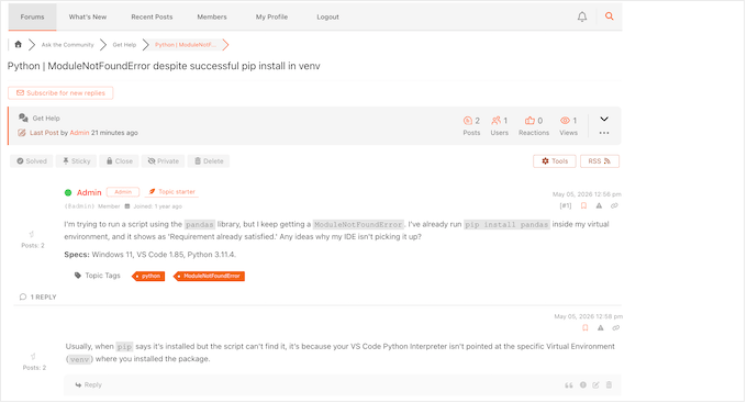 Un exemplu de site de întrebări și răspunsuri, creat folosind un plugin gratuit pentru WordPress Un site de Întrebări și Răspunsuri wpForo finalizat, care arată etichete rezolvate și răspunsuri votate