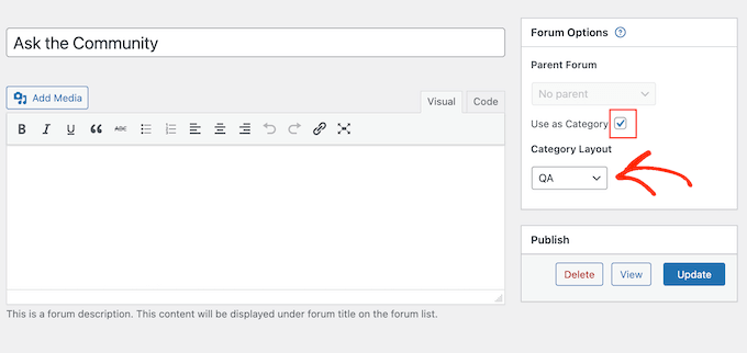 Cum să creezi un site de întrebări și răspunsuri în WordPress Selectarea opțiunii de aspect al categoriei pentru panoul Întrebări și Răspunsuri wpForo