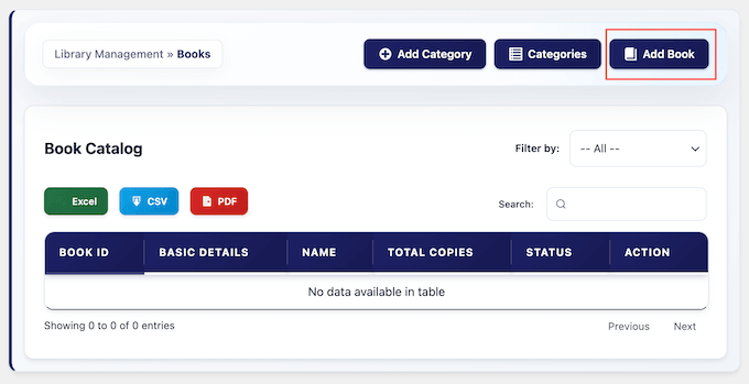 The user interface for a book and library management system in WordPress