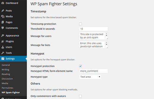 Paramètres de WP Spam Fighter