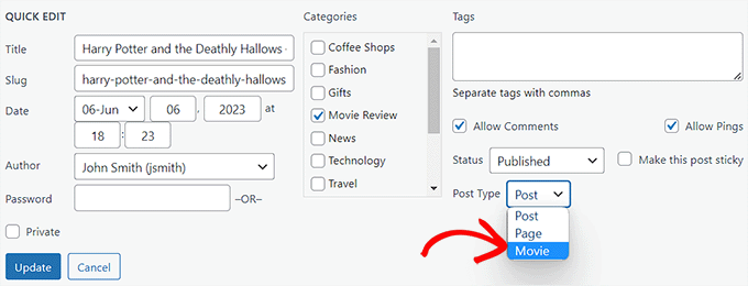 Choose post type from the Quick Edit section