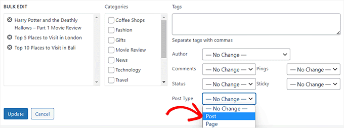 Choose post type option from the bulk edit mode