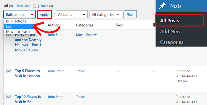 Choose the Edit option from the Bulk Actions dropdown menu
