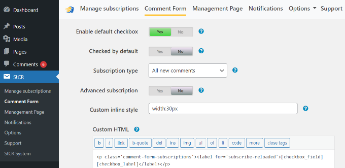 Edit comment form settings