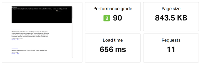 WP Engine speed test results