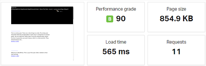 WP Engine speed test result