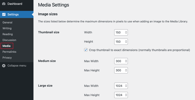 Media Settings Image Sizes