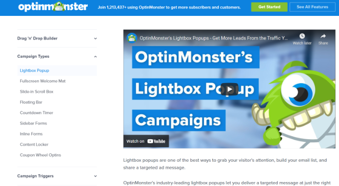 OptinMonster feature pages example