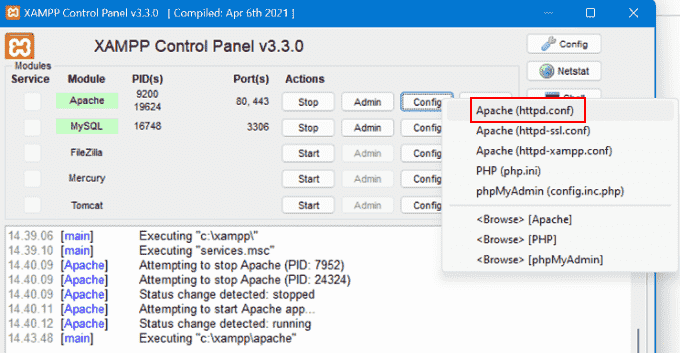 The Apache (httpd.conf) menu on XAMPP