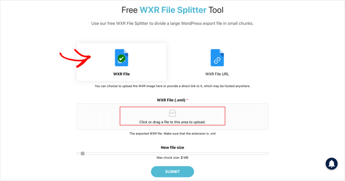 将 XML 文件上传到免费的 WXR 文件分割器工具