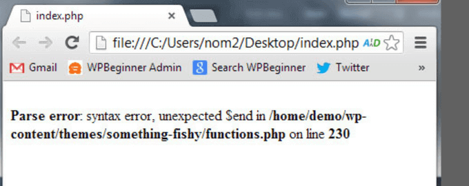 Example of a syntax error in WordPress
