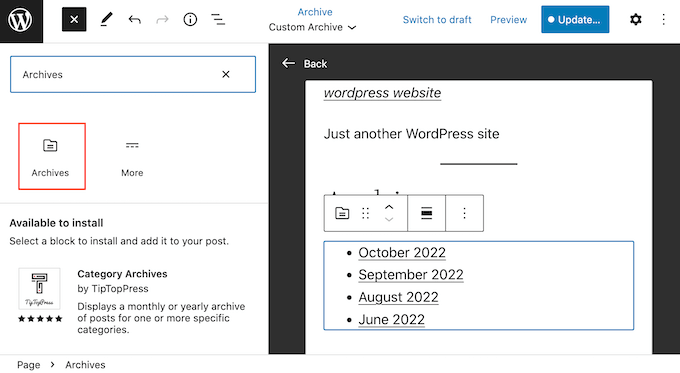 How to add an archives block to a custom template