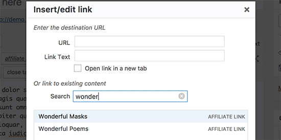 Search and add affiliate links in text editor