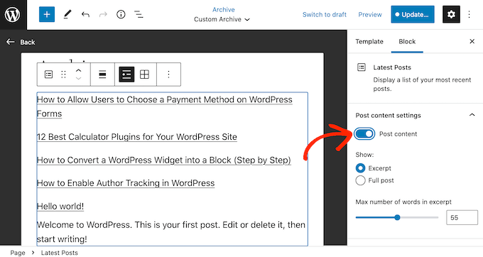 How to show post content and excerpts on the custom archive page