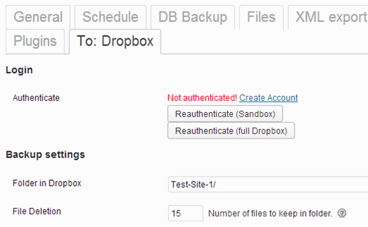 Authenticate with Dropbox to save your backups to Dropbox