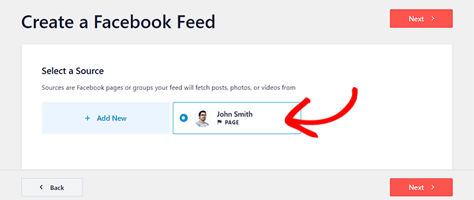 Choose the Facebook page as the new source