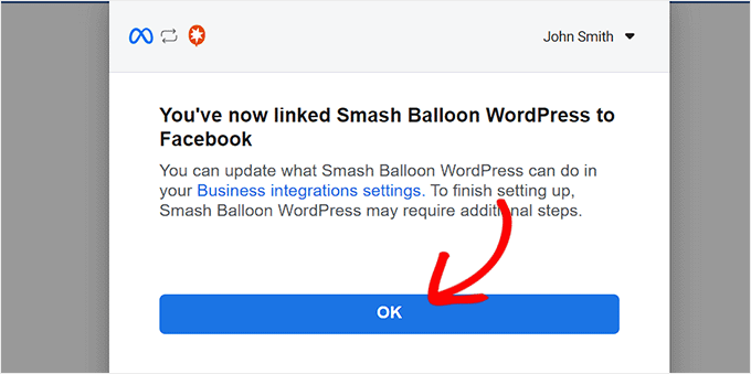 Click the OK button after connecting Smash Balloon with Facebook