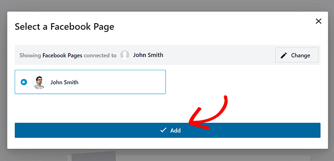 Select the Facebook page from the popup and click on the Add button
