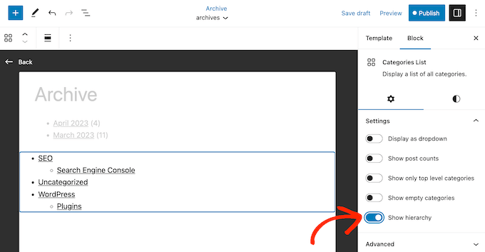 Showing indented subcategories on a custom WordPress archive