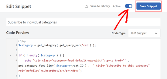 Saving the RSS category subscription snippet in WPCode