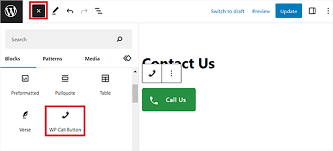 Add the WP Call Button widget block in a page or post