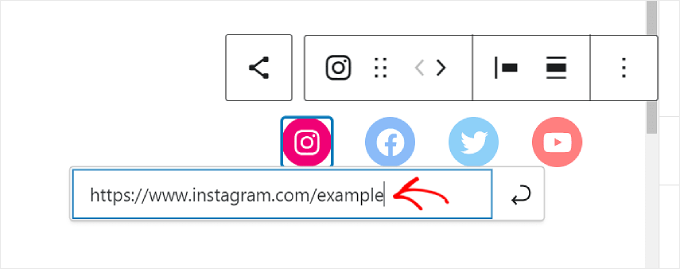 Entering an Instagram account link to the Social Icons block