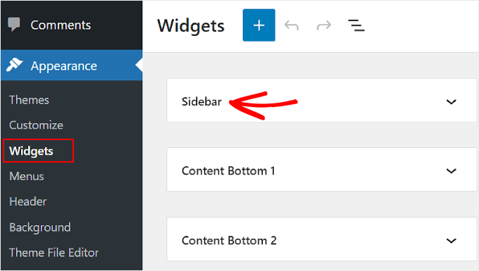 Navigating to the Appearance Widgets menu and selecting Sidebar on WordPress admin panel