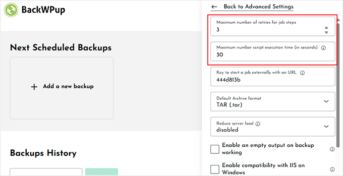 Modificați numărul maxim de reîncercări pentru pașii jobului în BackWPup