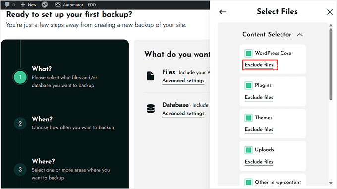 Faceți clic pe linkul Exclude fișiere în BackWPup