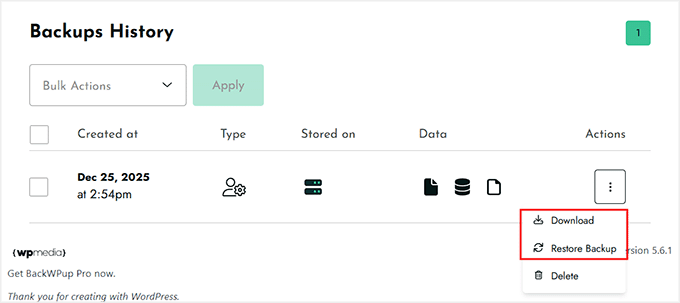 Descărcați backup-ul în BackWPup