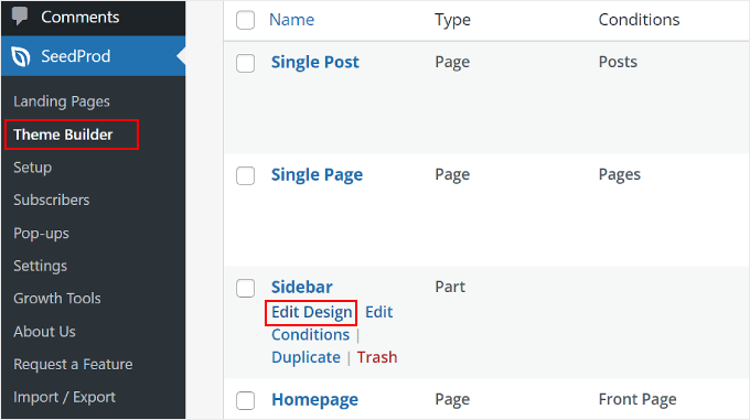 Clicking Edit Design on the Sidebar template inside SeedProd
