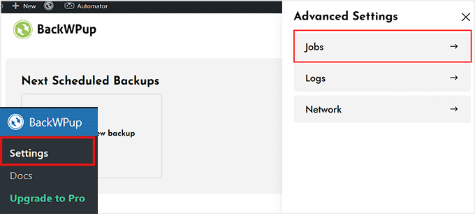 Selectați fila Joburi în setările BackWPup