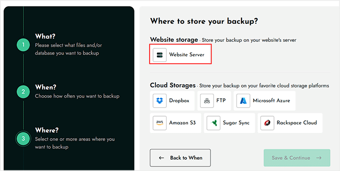 Selectați serverul site-ului web pentru a stoca backup-ul BackWPup