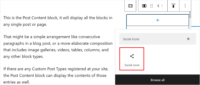 Searching for the Social Icons block to add to the Columns block