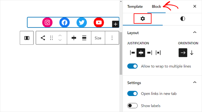 Social Icons Block Settings