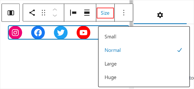 Customizing the buttons' sizes using the Social Icons block toolbar