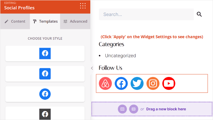 Editing the Templates setting for the Social Profiles block in SeedProd