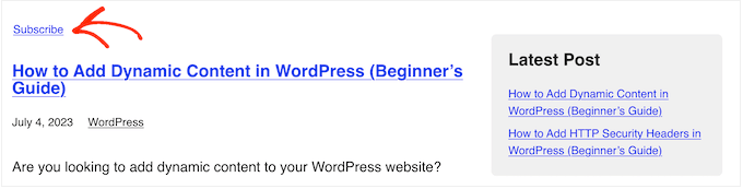An example of a 'Subscribe' link, on a WordPress tags page