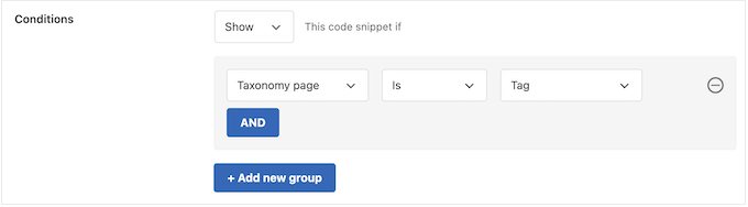 WPCode's conditional smart logic settings