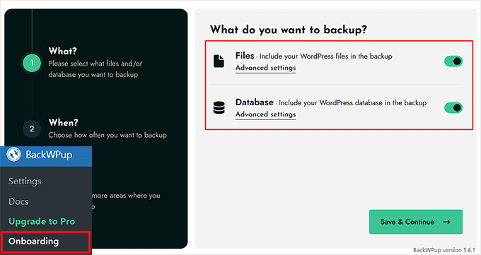 Comutați Fișiere și Bază de date pe ON în BackWPup