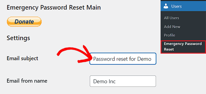 Type email subject and from name before password reset