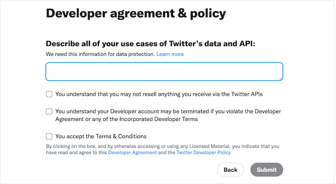 同意 Twitter 开发者条款