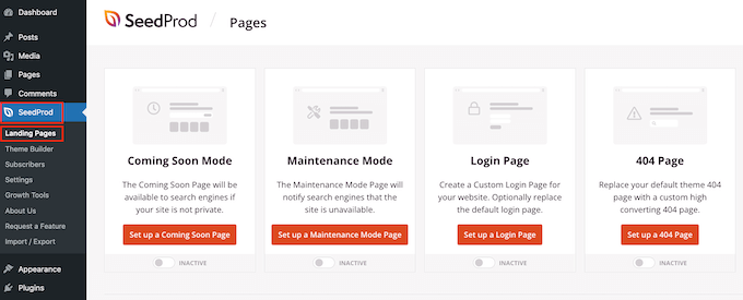 Choosing a page template for a landing page