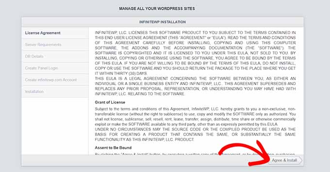 Accept the InfiniteWP license agreement