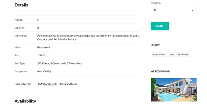 Accommodation type displayed on a demo website