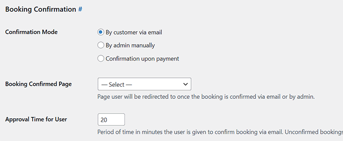 Booking confirmation settings